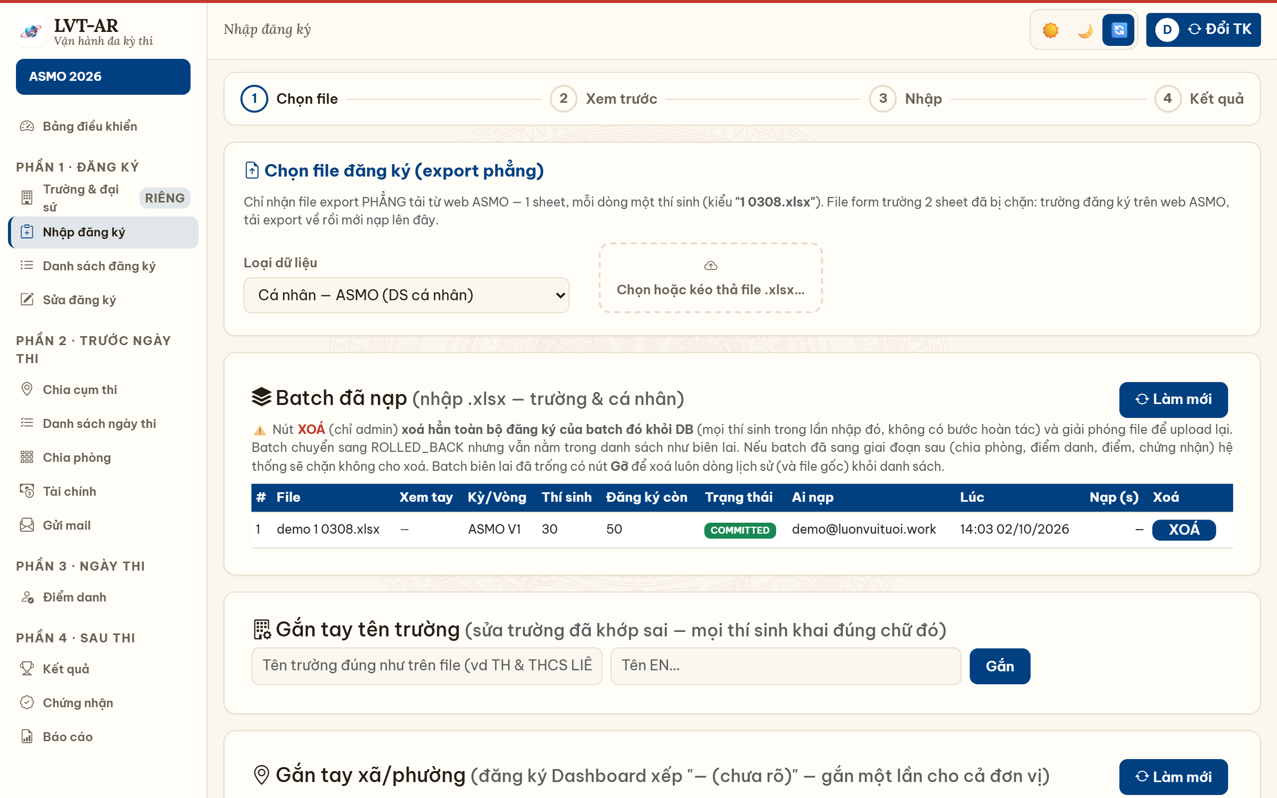 Nhập đăng ký — preview, commit, batch audit